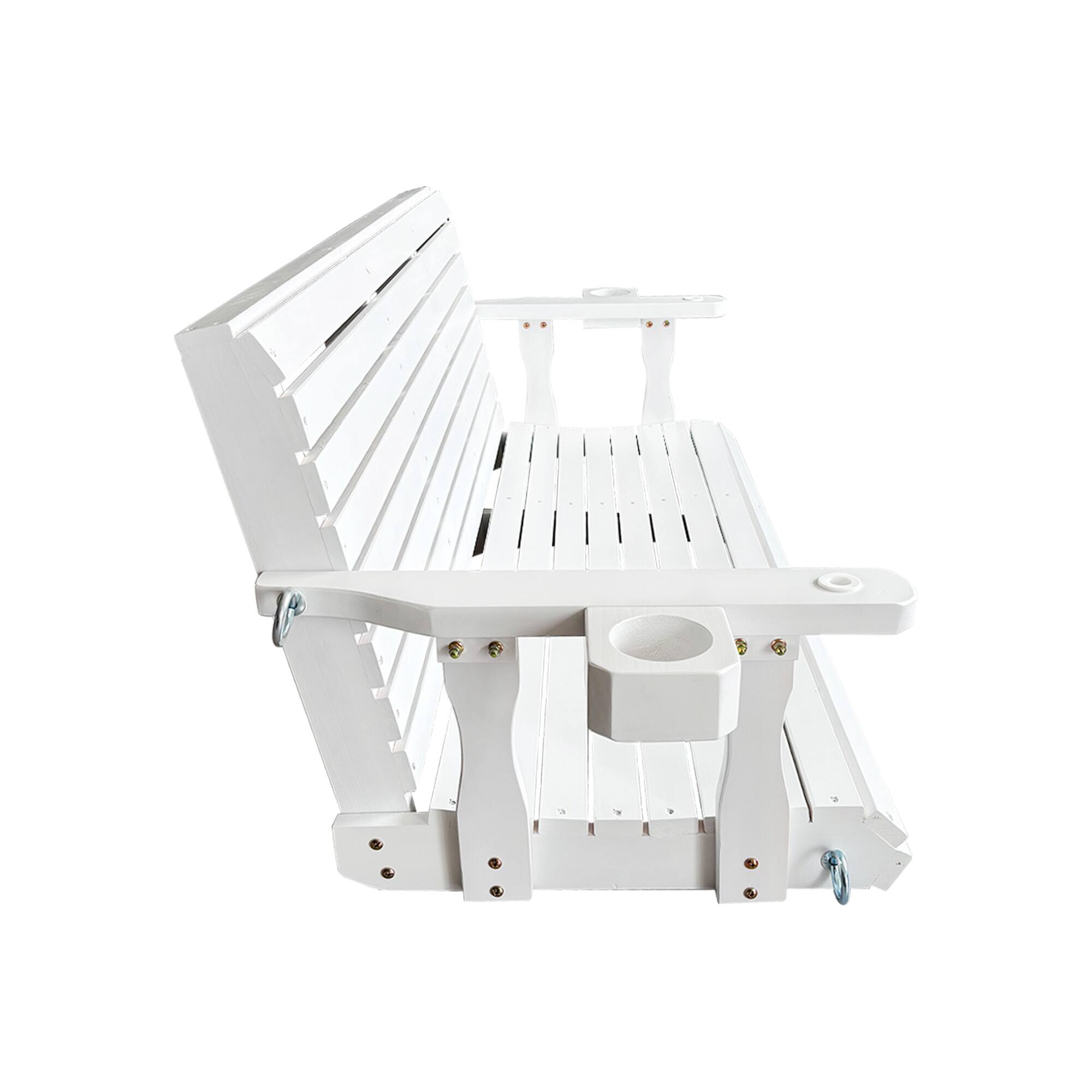 Alt View 6. Fortune Candy - Wooden 5FT Porch Swing w/Cupholders , High Back & Deep Seat, Heavy Duty 880lbs for Garden, 3-Seater - White.