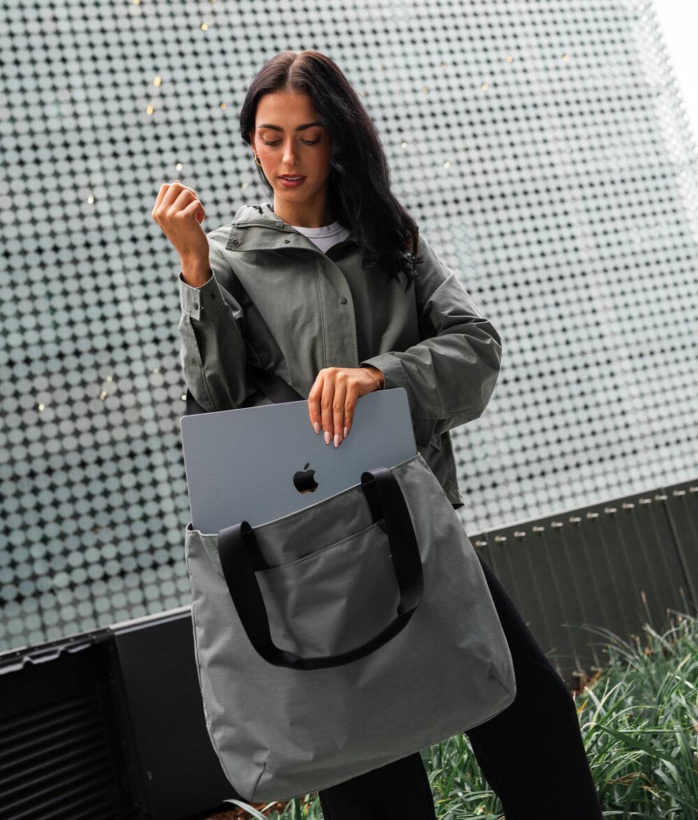 Back. ALPAKA - Elements Tote 20L Laptop Tote Bag with Padded 16" Sleeve,Open Top with Magnetic Closure - Grey Axoflux 210D.