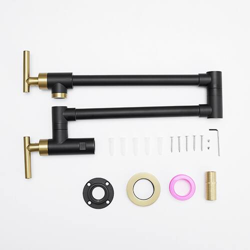 Alt View 5. Siljoy - Pot Filler Faucet Wall Mount Folding Kitchen Sink Faucets Retractable Single Hole with 2 Handles Black & Gold - Black+Gold.