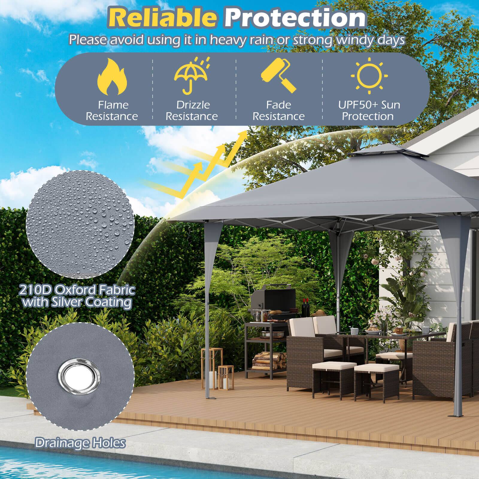 Reliable Protection
Please avoid using it in heavy rain or strong windy days
Flame Resistance
Drizzle Resistance
Fade Resistance
UPF50+ Sun Protection
210D Oxford Fabric with Silver Coating
Drainage Holes