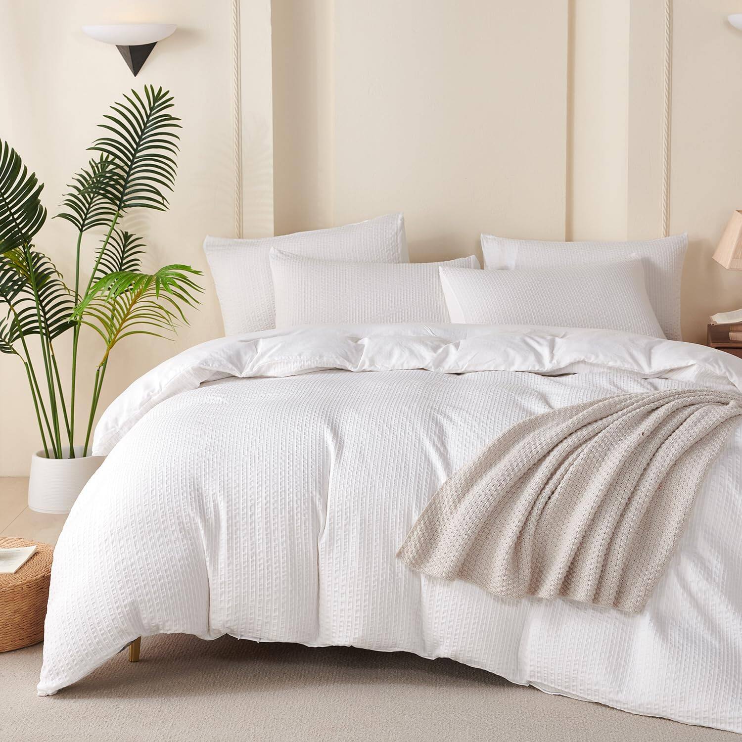 PO3TICJUNKI3 - King Duvet Cover Dusty Luxury Soft Doublelayer Crinkle Gauze 3 Pieces Bedding For Allseason Breathable With - White Striped (No Comforter)-Queen (90" x 90")