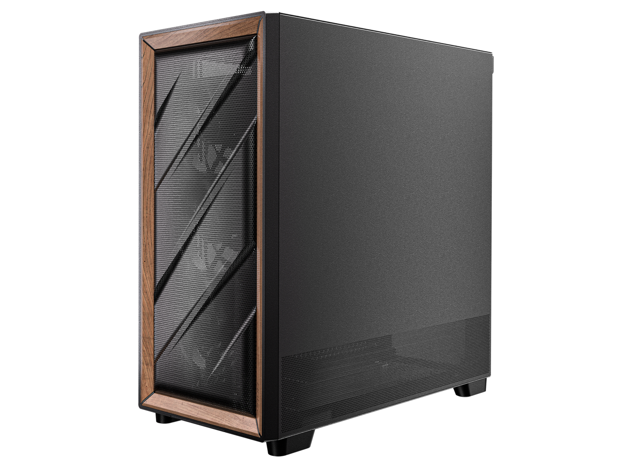 Alt View 4. Antec - Antec FLUX Wood, 5 PWM Fans, Walnut Front, Type-C, 420mm Radiator, Back Connect, Up to 9 Fans, Mid-Tower E-ATX Case - Walnut.