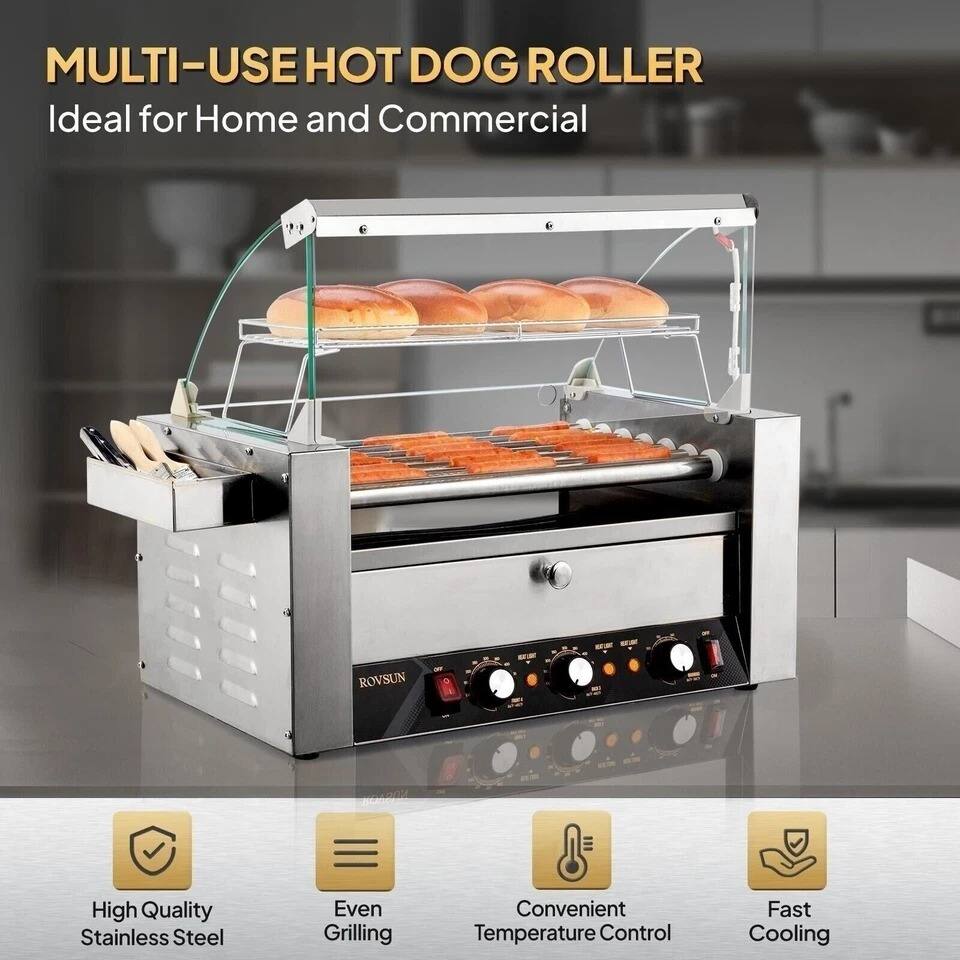 **MULTI-USE HOT DOG ROLLER**  
Ideal for Home and Commercial  

- High Quality Stainless Steel  
- Even Grilling  
- Convenient Temperature Control  
- Fast Cooling