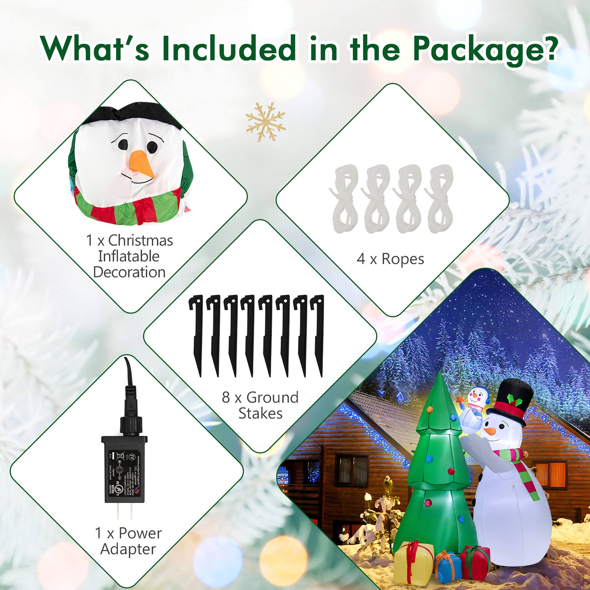 What's Included in the Package?

- 1 x Christmas Inflatable Decoration
- 4 x Ropes
- 8 x Ground Stakes
- 1 x Power Adapter