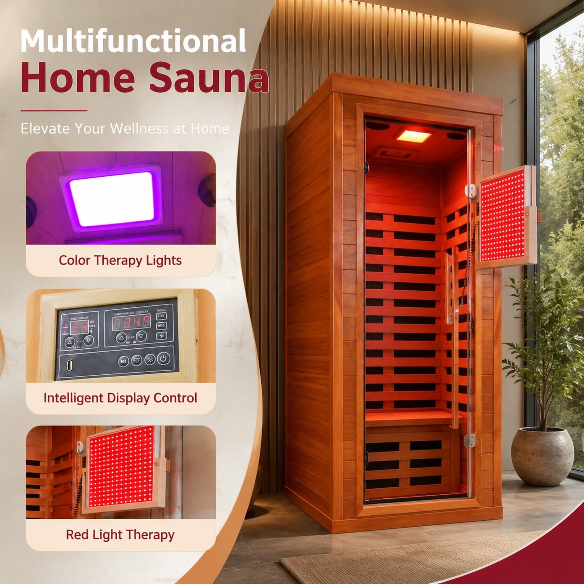 Multifunctional Home Sauna  
Elevate Your Wellness at Home  

Color Therapy Lights  

Intelligent Display Control  

Red Light Therapy