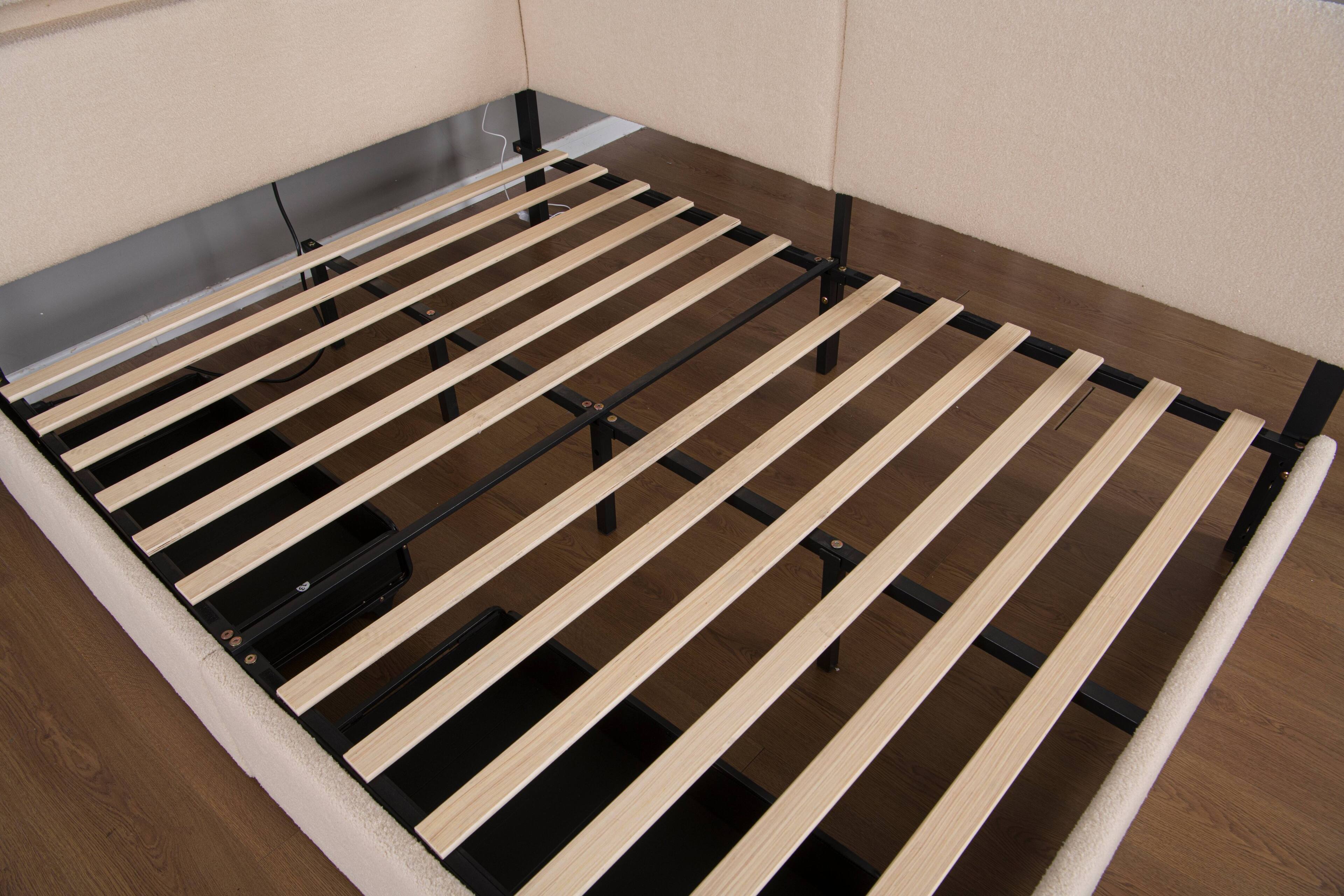 Alt View 3. LUCKY ONE - Full Size Upholstered Boucle Bed Frame with 2 Storage Drawers, LED light and USB Charging Design - Beige.