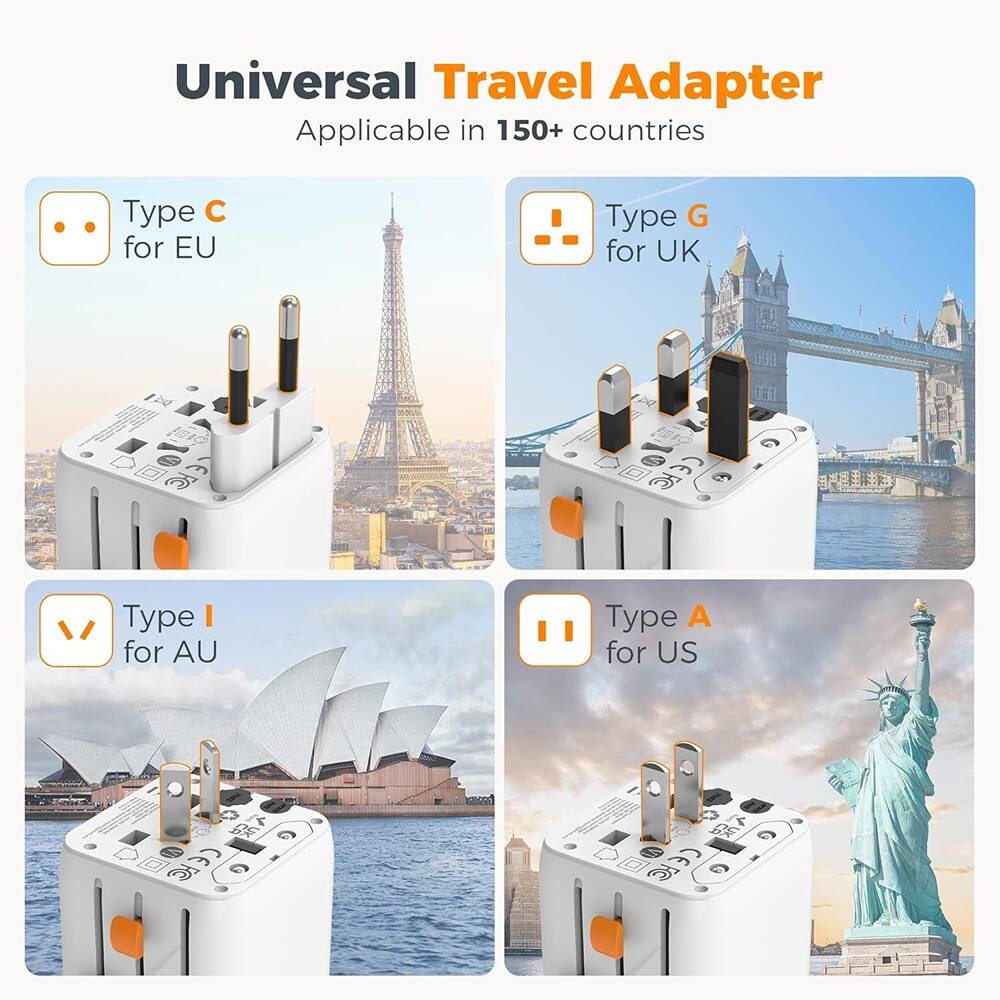 Universal Travel Adapter  
Applicable in 150+ countries  

- Type C for EU  
- Type G for UK  
- Type I for AU  
- Type A for US
