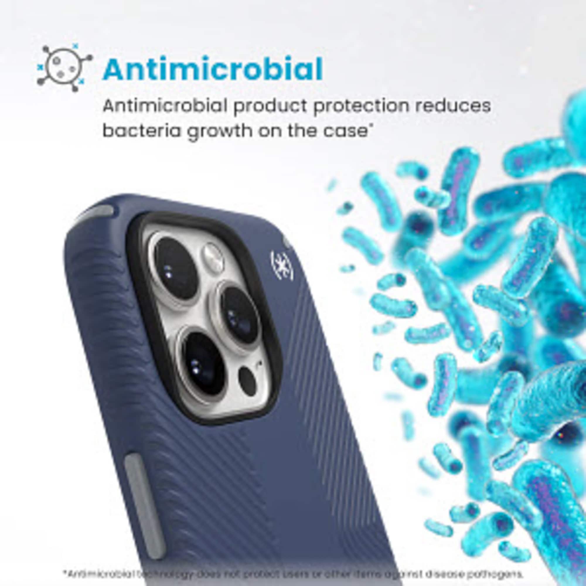 Antimicrobial product protection reduces bacteria growth on the case. However, it does not protect users from other pathogens.