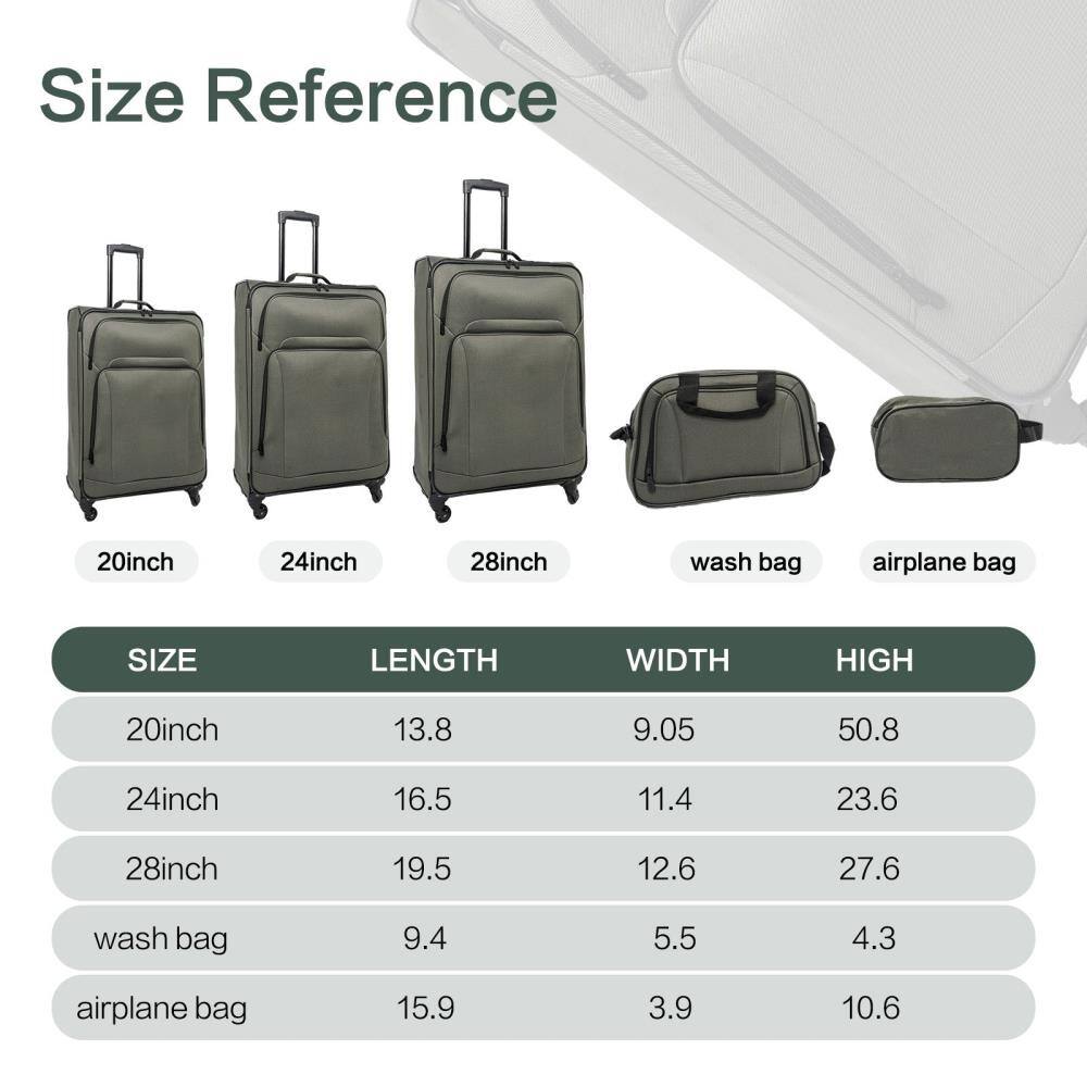 Size Reference

20inch 24inch 28inch wash bag airplane bag

SIZE LENGTH WIDTH HIGH
20inch 13.8 9.05 50.8
24inch 16.5 11.4 23.6
28inch 19.5 12.6 27.6
wash bag 9.4 5.5 4.3
airplane bag 15.9 3.9 10.6