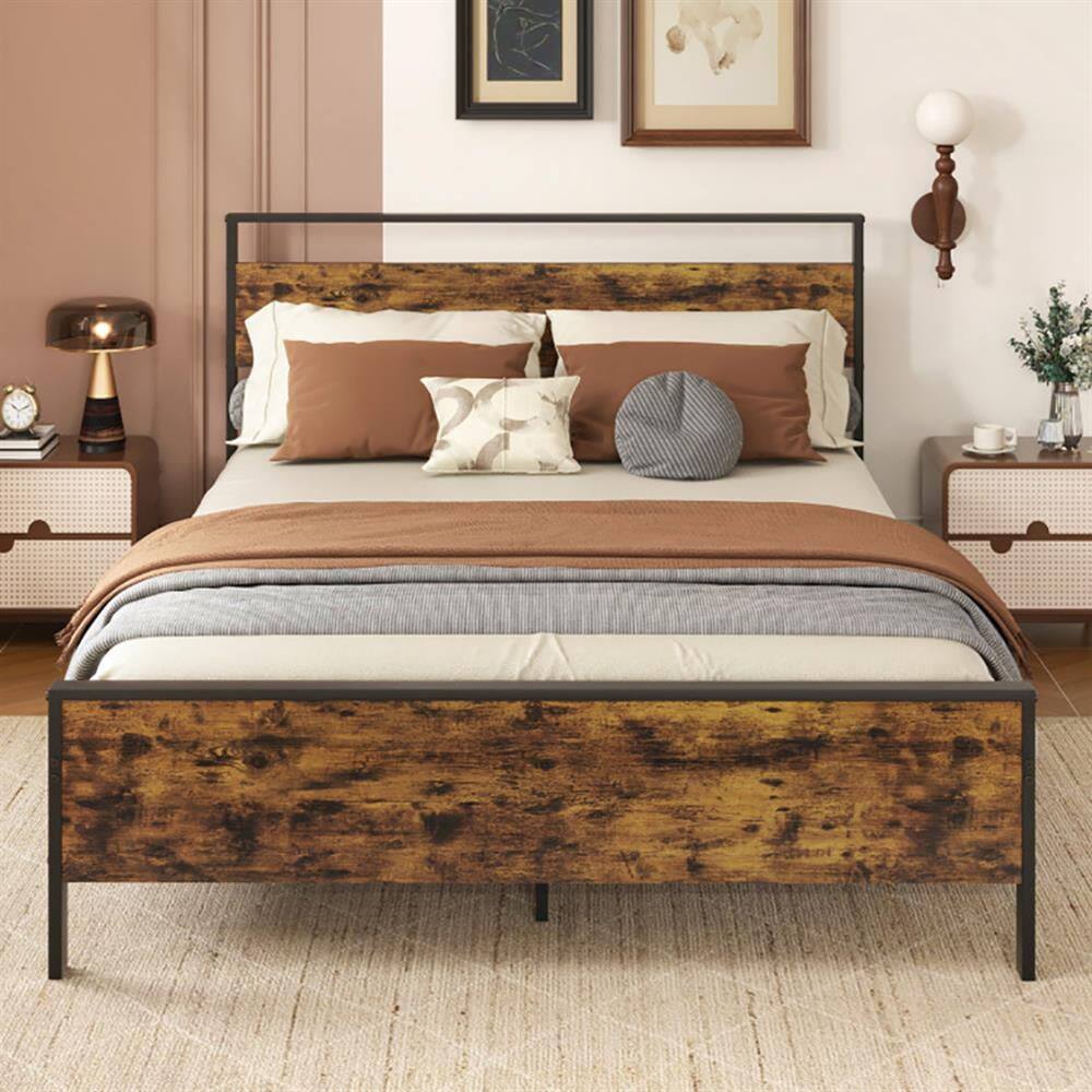 Alt View 5. Kadyn - Platform Bed Frame, Bedroom Bed Frame,Queen Metal Bed Frame Industrial Platform Bed with Wooden Headboard-Queen Size - Brown.