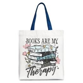 OrnamentallyYou - Books Are My Therapy Floral Vintage Canvas Tote Bag, Reading Aesthetic Gift Shopper for Bookworms - White Navy