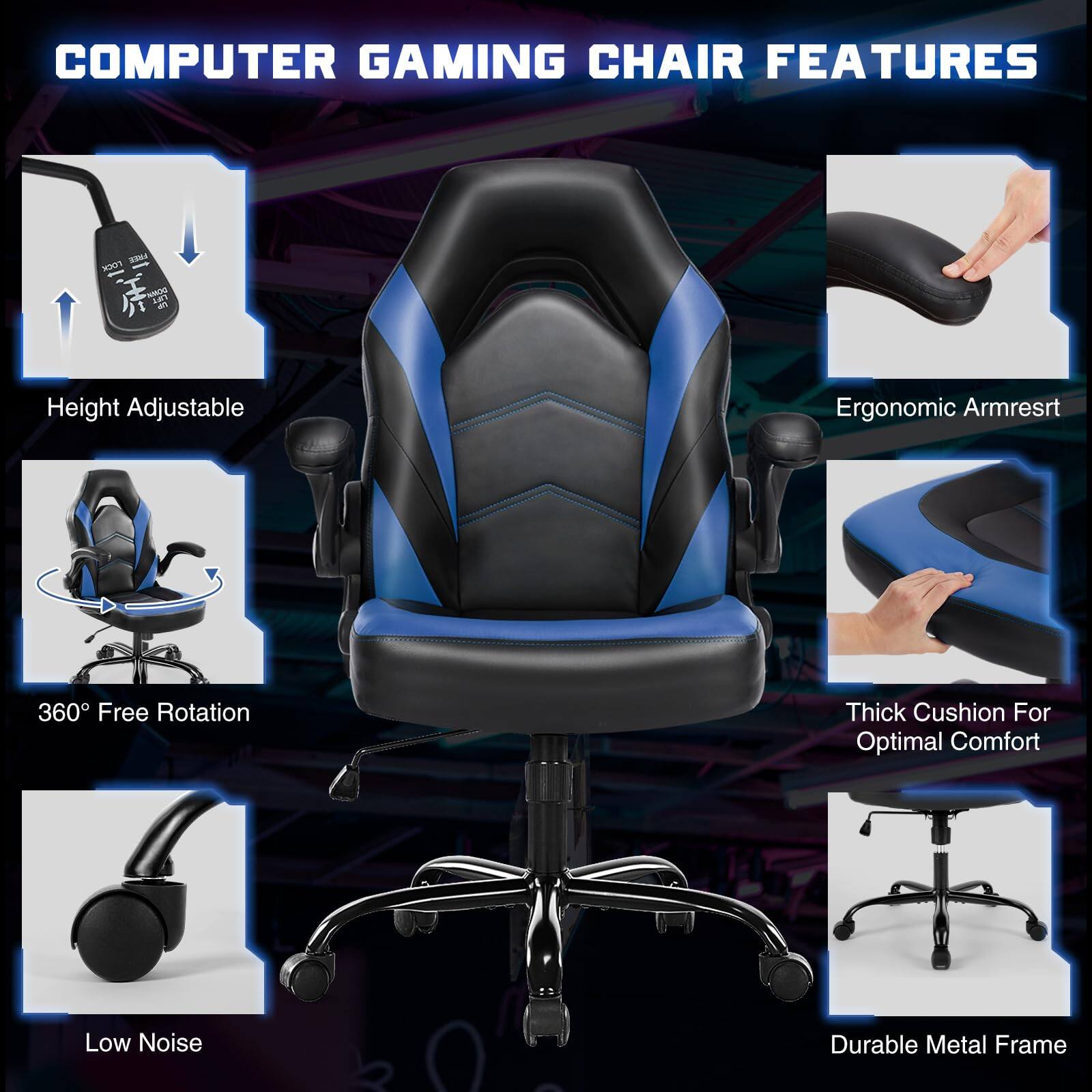 COMPUTER GAMING CHAIR FEATURES

- Height Adjustable
- Ergonomic Armrest
- 360° Free Rotation
- Thick Cushion For Optimal Comfort
- Low Noise
- Durable Metal Frame