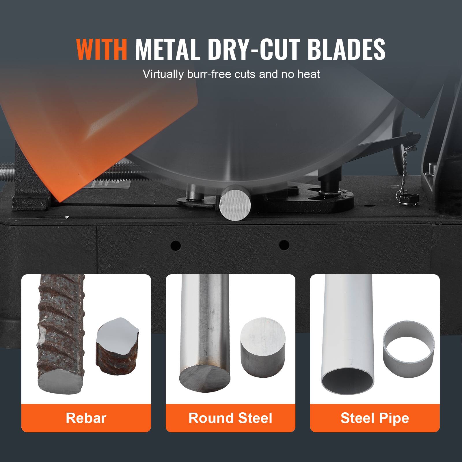 WITH METAL DRY-CUT BLADES  
Virtually burr-free cuts and no heat  

Rebar  
Round Steel  
Steel Pipe