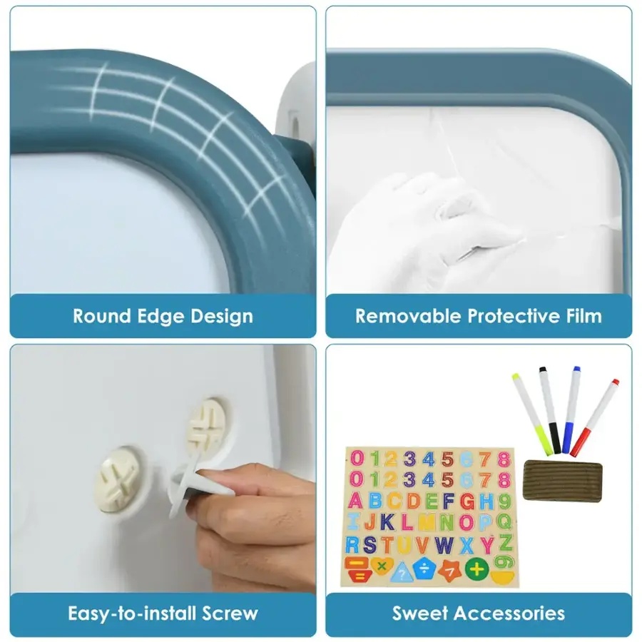 The image shows a collection of different items, including a round-edge design, removable protective film, and a set of easy-to-install screws. There are also sweet accessories and a set of alphabet magnets. The items are displayed in a way that highlights their unique features and uses.