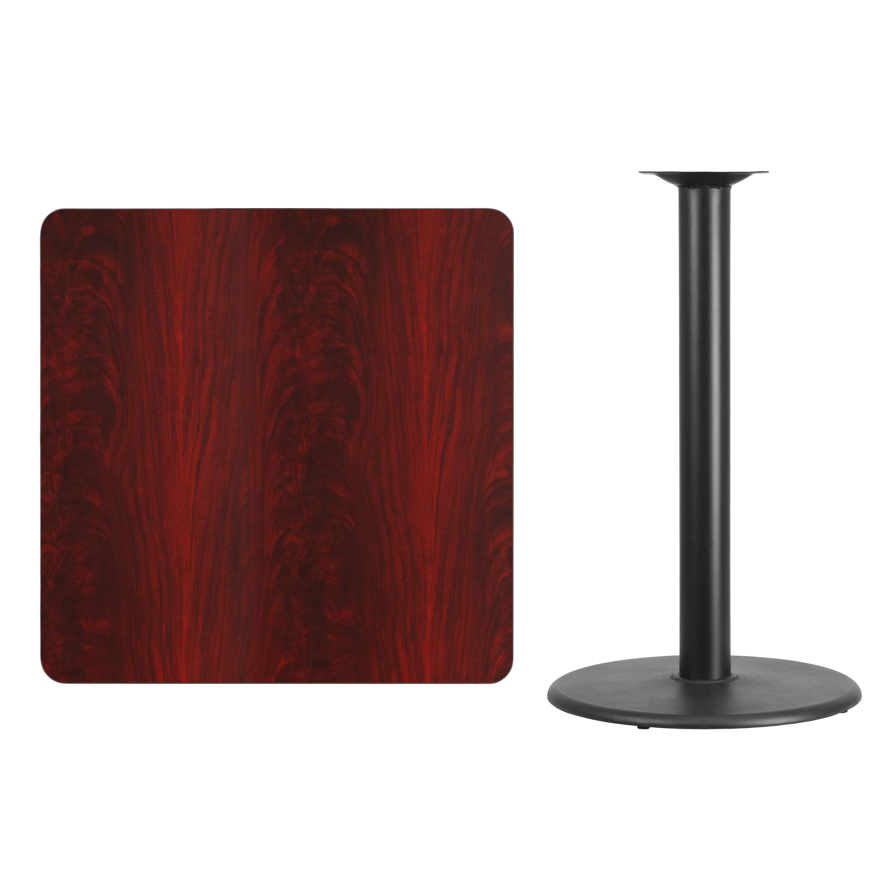 Alt View 2. Emma + Oliver - 36" Square Laminate Table Top with 24" Round Bar Height Table Base - Mahogany.