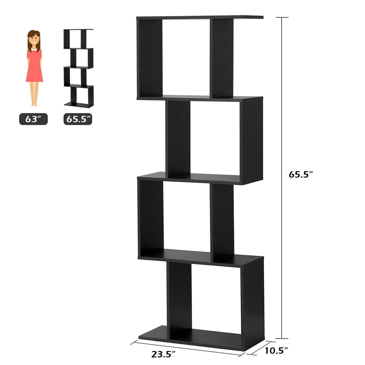 The image shows a black shelving unit with a woman standing next to it. The shelving unit is 63 inches tall, and it has a 65.5 inch height measurement. The shelves are 23.5 inches wide, and the unit is 10.5 inches deep.