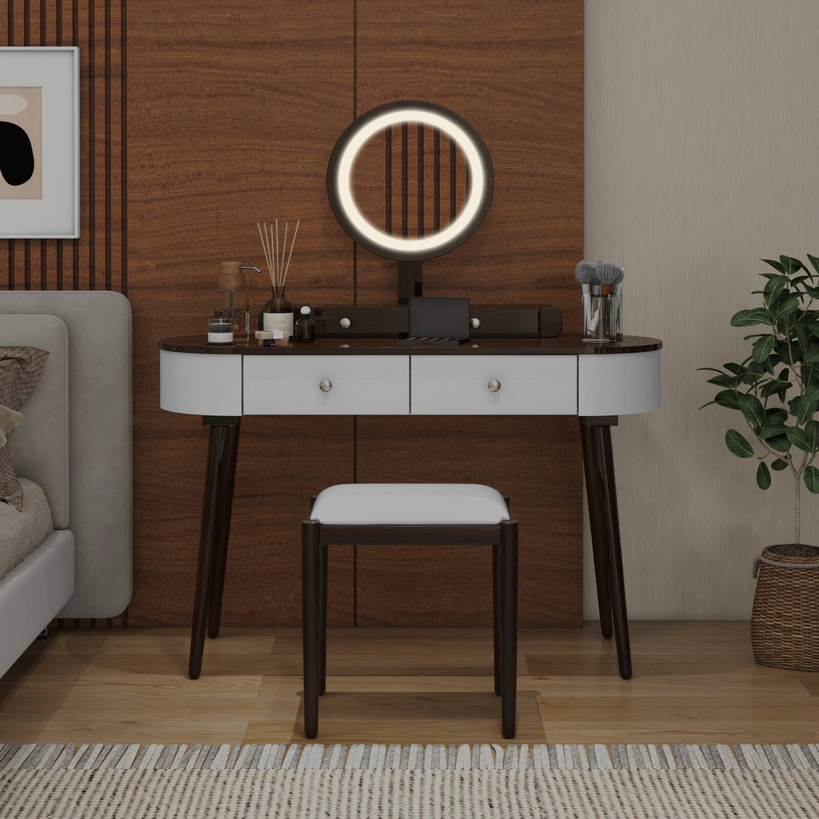 Alt View 1. Ecooso - 3-Drawer Makeup Vanity Table Set with LED Mirror and Spacious Storage - Brown.