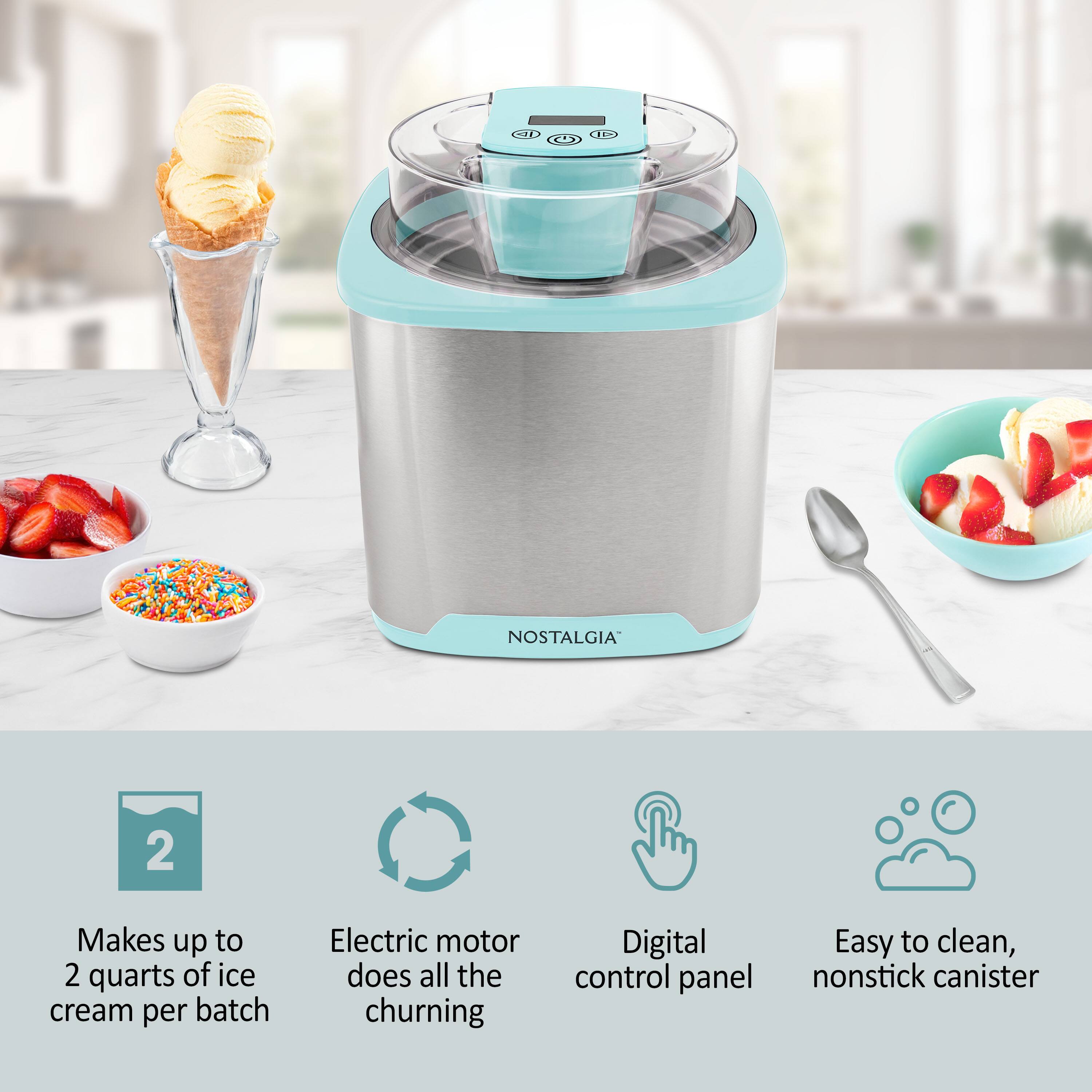- NOSTALGIA 2
- Makes up to 2 quarts of ice cream per batch
- Electric motor does all the churning
- Digital control panel
- Easy to clean, nonstick canister