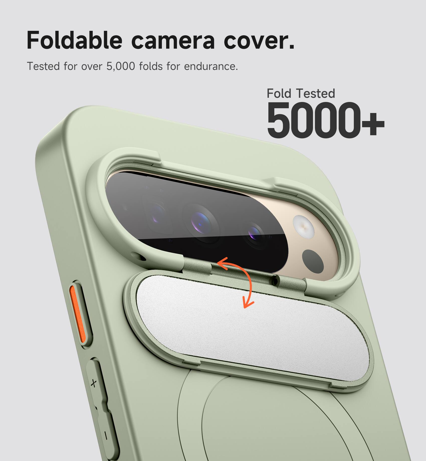 Foldable camera cover.  
Tested for over 5,000 folds for endurance.  
Fold Tested 5000+