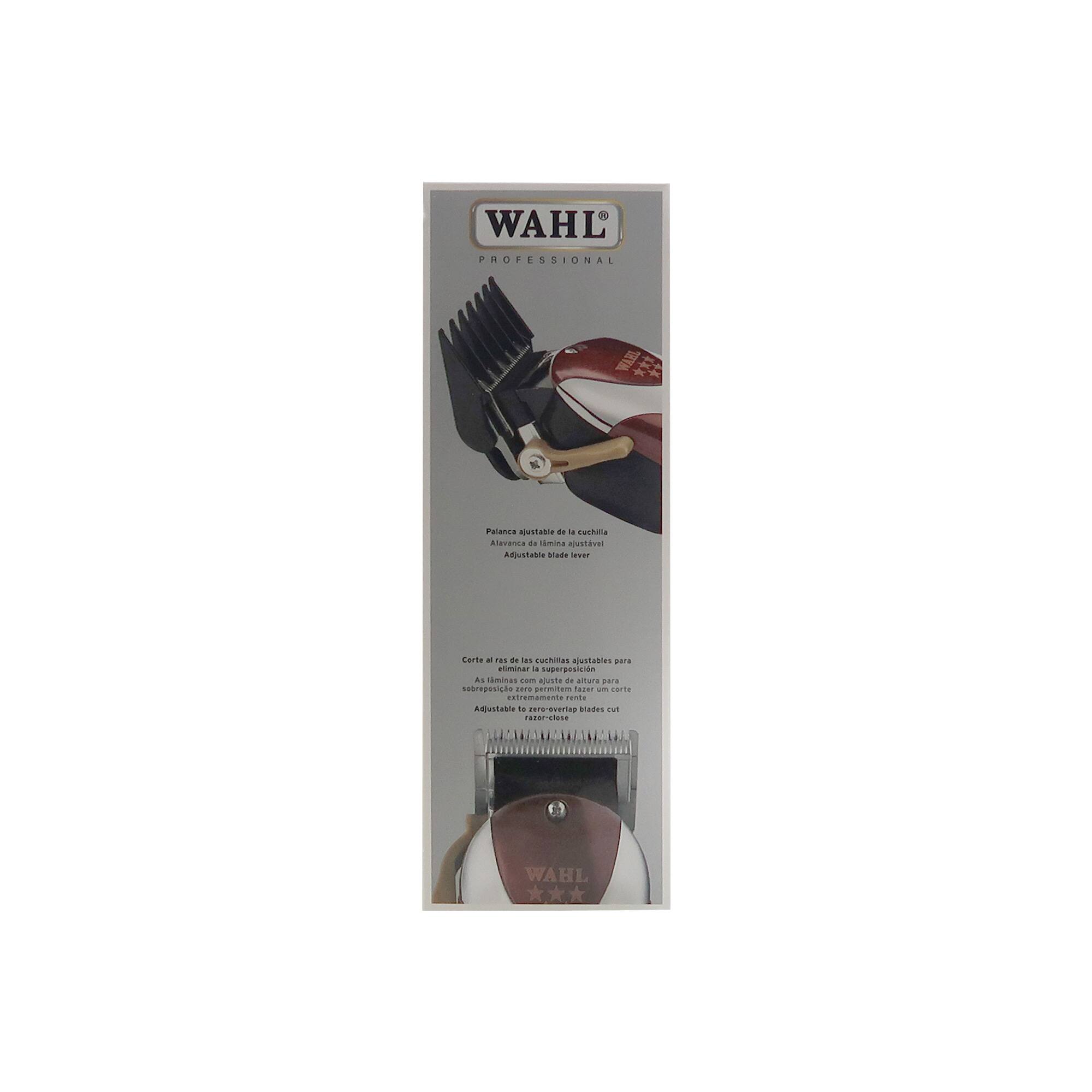 WAHL PROFESSIONAL

Palanca ajustable de la cuchilla

Cuchillas ajustables para superposición

Corte al ras de las cuchillas
Ajustable a cero

Blade lever

Adjustable blades for overlap

Cuts to the edge of the blades
Adjustable to zero