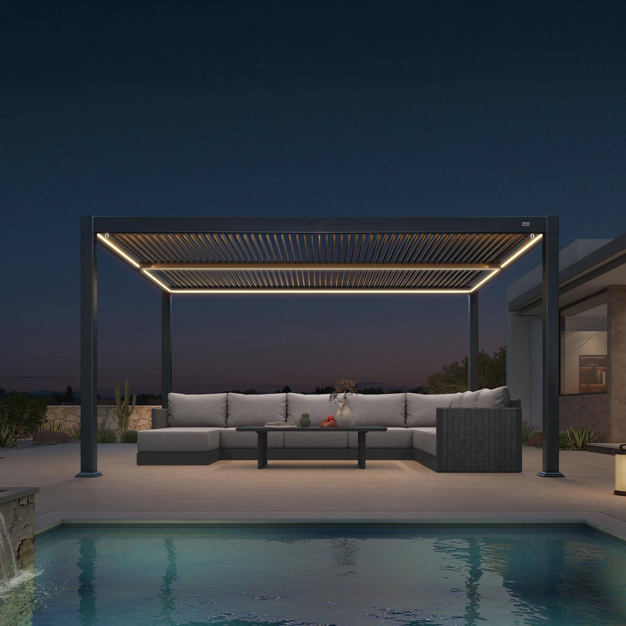 Angle. PURPLE LEAF - Louvered Pergola with LED Strip Lights Outdoor Gray Aluminum Hardtop Gazebo with Adjustable Roof for Patio Garden Yard - 11' X 15'.