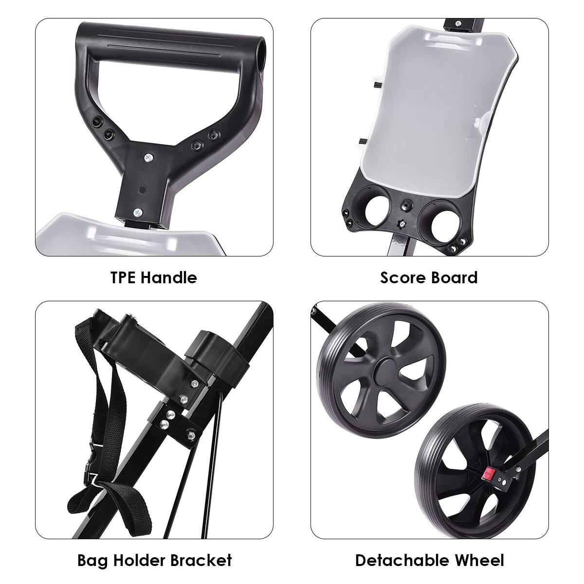 - TPE Handle
- Score Board
- Bag Holder Bracket
- Detachable Wheel