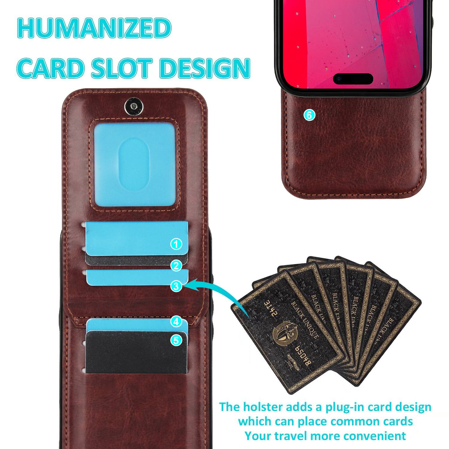 HUMANIZED CARD SLOT DESIGN

The holster adds a plug-in card design which can place common cards. Your travel more convenient