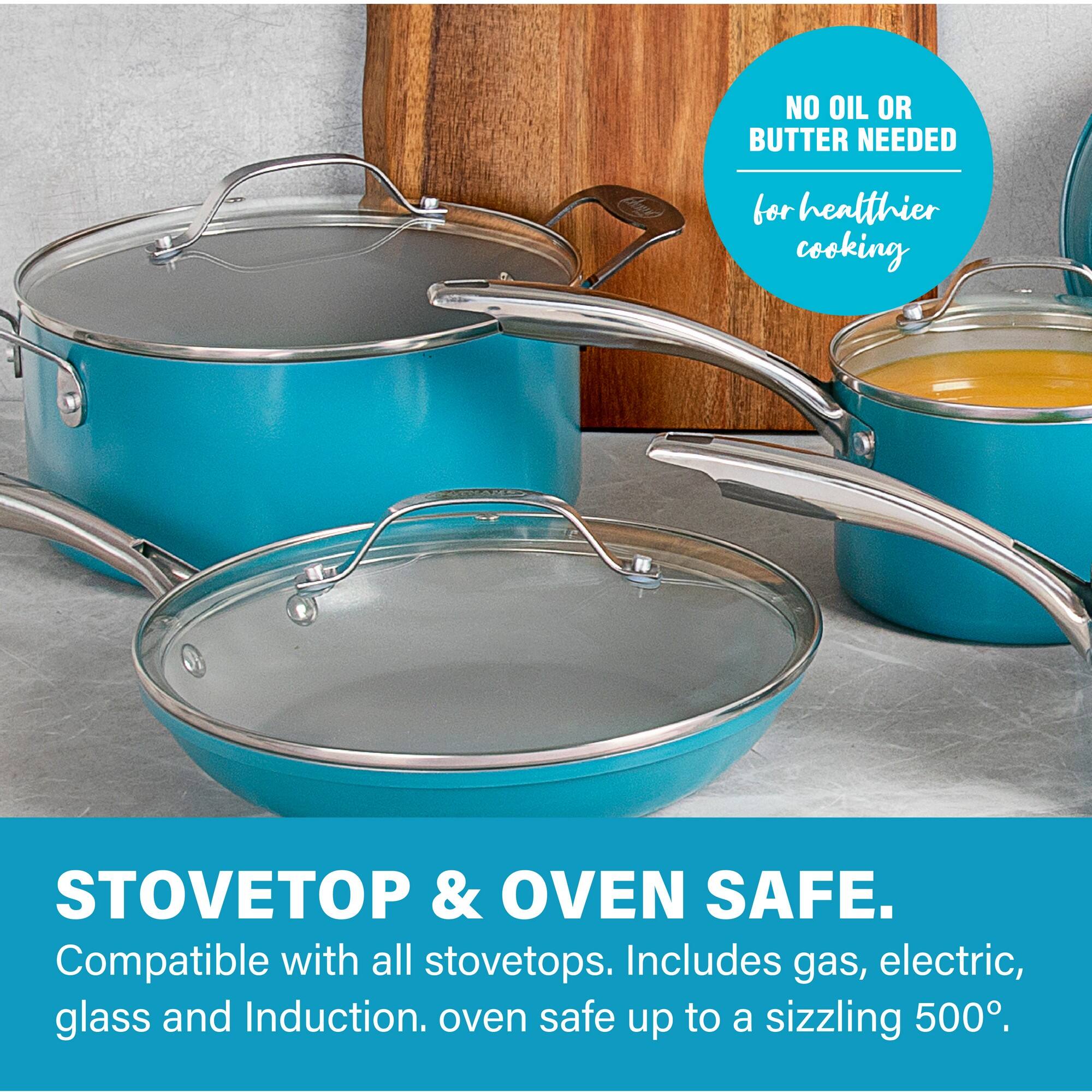 NO OIL OR BUTTER NEEDED for heatthier cooking
STOVETOP & OVEN SAFE. Compatible with all stovetops. Includes gas, electric, glass and Induction. oven safe up to a sizzling 500°