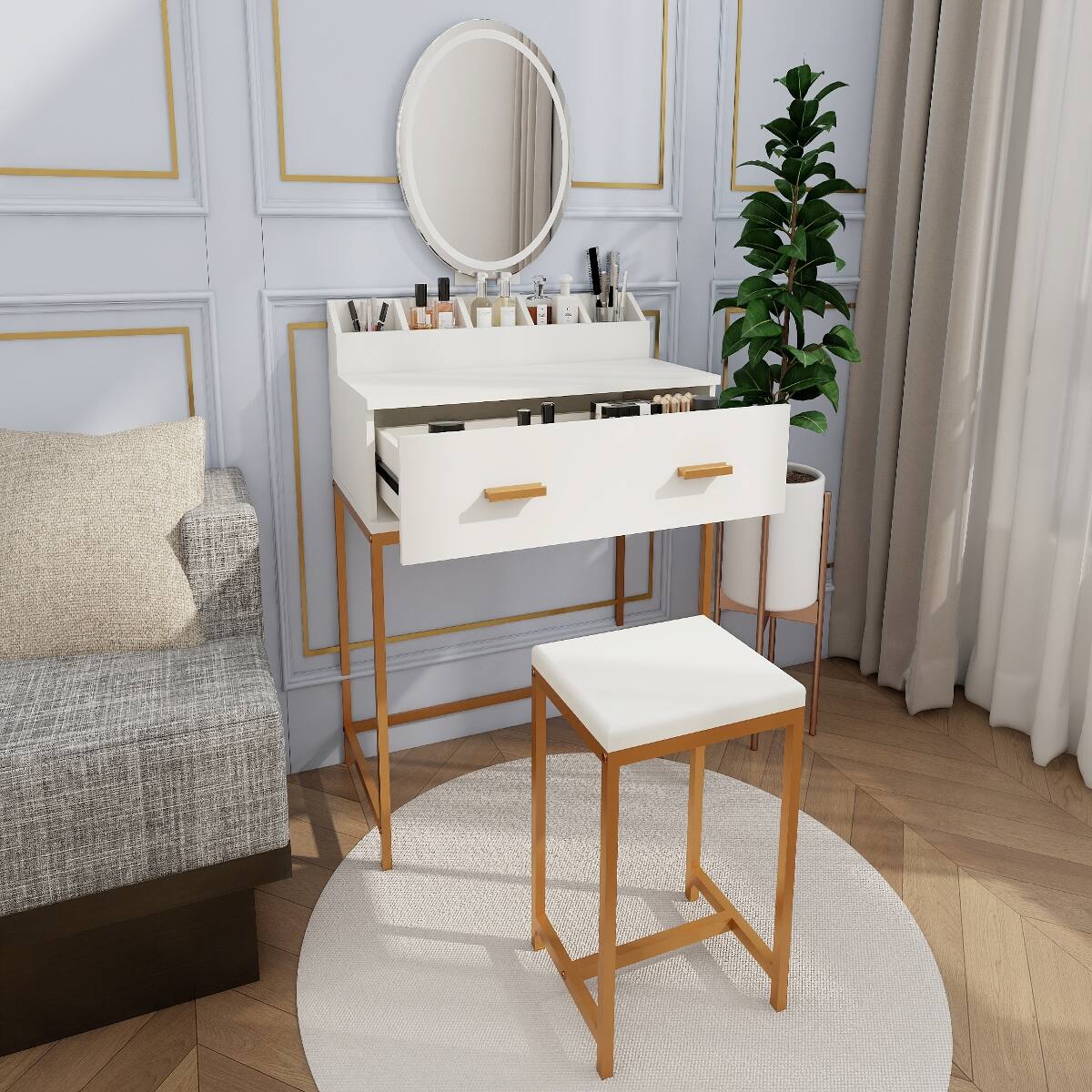 Alt View 1. Loheer - Loheer Makeup Vanity Set with Mirror and Stool, White and Gold, Compact - Ancient White.