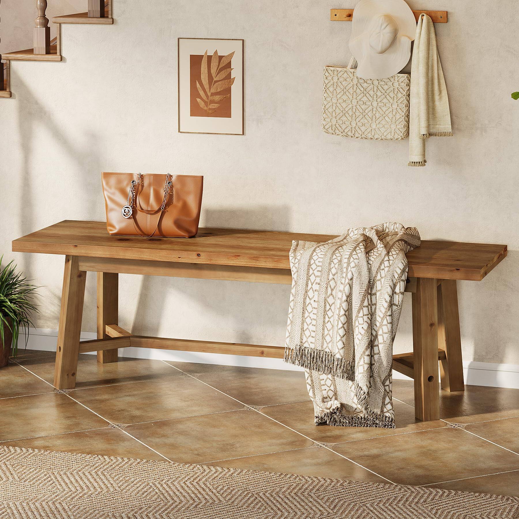 Alt View 3. Tribesigns - 55" Solid Wood Bench, Farmhouse Bench Seat for Entryway - Rustic Brown.