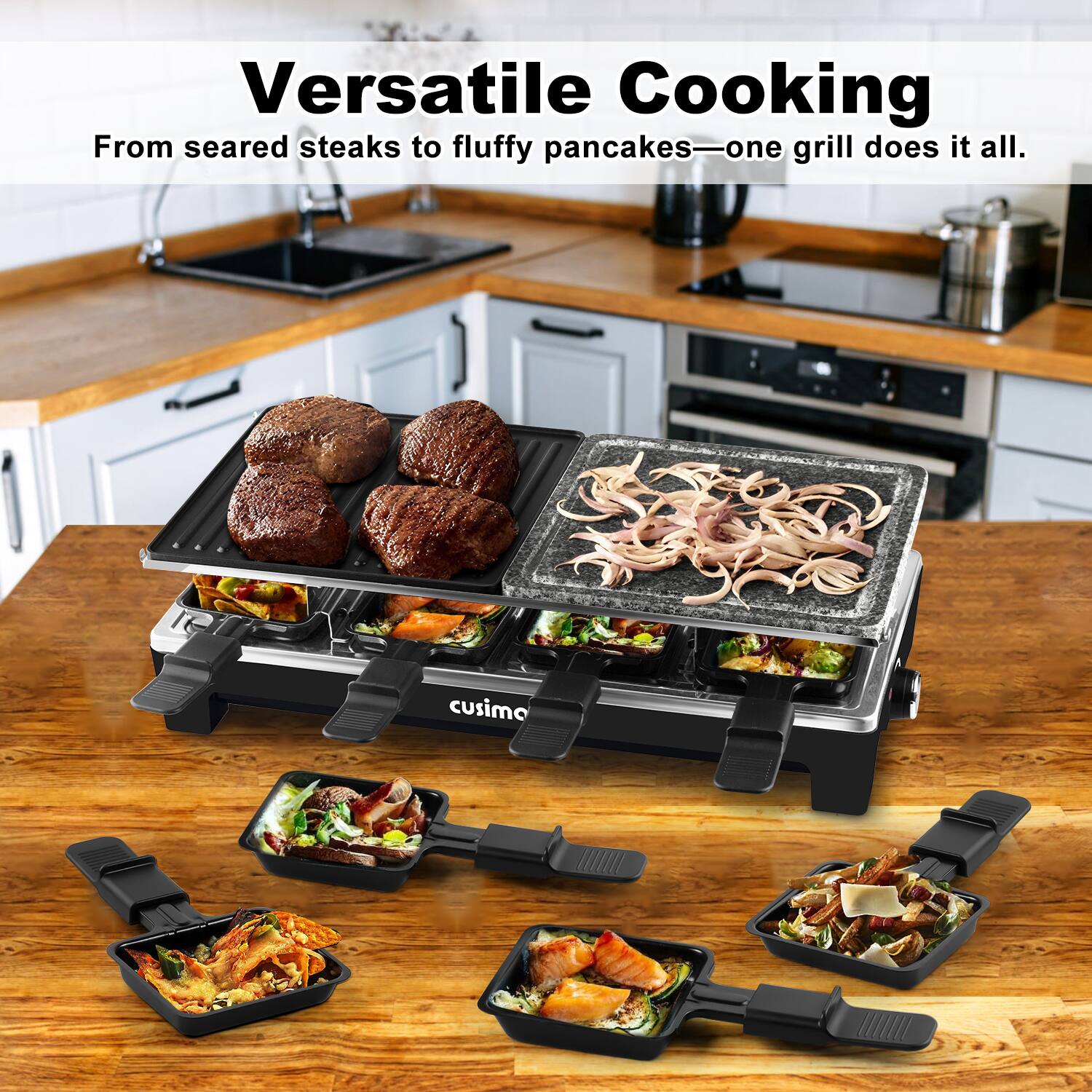 Versatile Cooking  
From seared steaks to fluffy pancakes—one grill does it all.  
cusimo