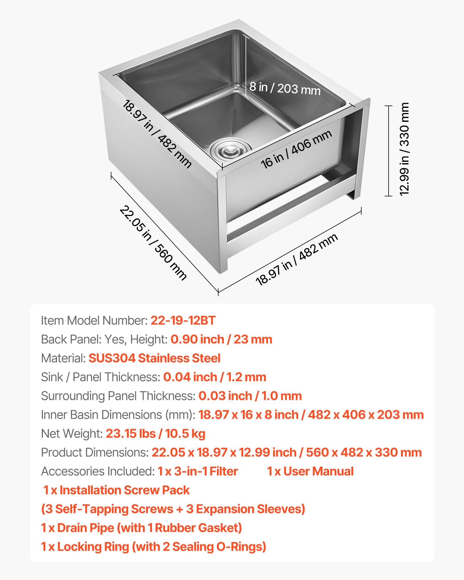 Stainless Steel Floor Mop Sink, 22 x 19 x 12 in, 304
