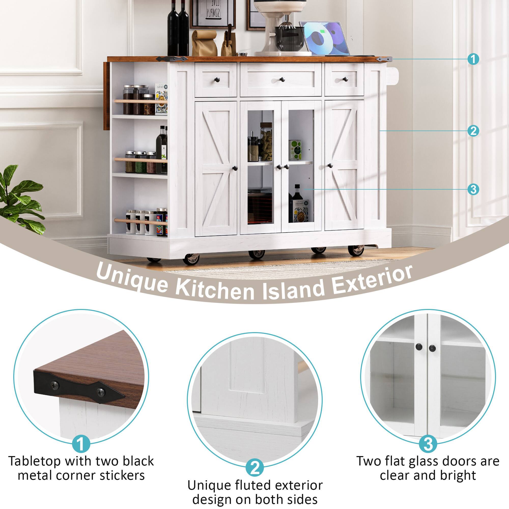 1. Tabletop with two black metal corner stickers
2. Unique fluted exterior design on both sides
3. Two flat glass doors are clear and bright