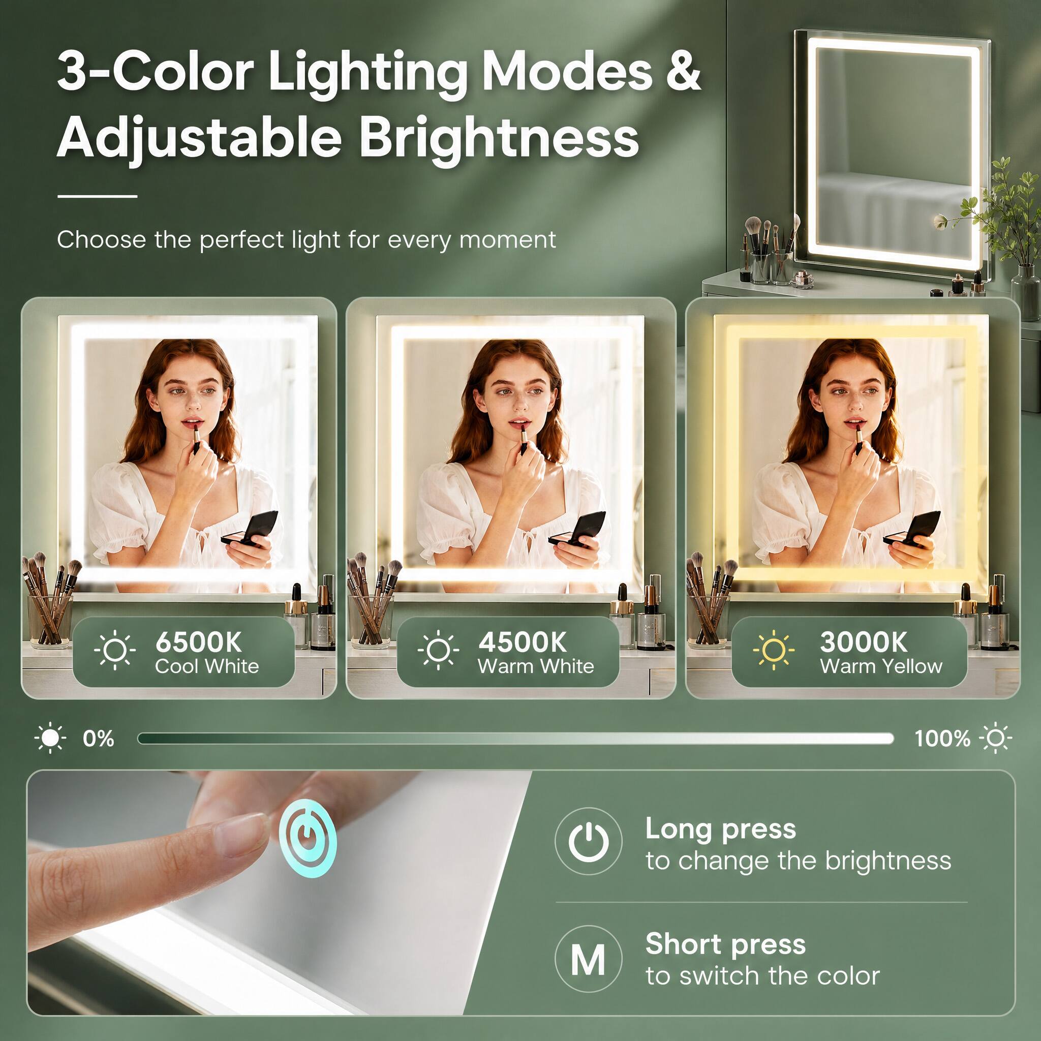 3-Color Lighting Modes & Adjustable Brightness

Choose the perfect light for every moment

6500K Cool White
4500K Warm White
3000K Warm Yellow

0% 100%

Long press to change the brightness
Short press to switch the color