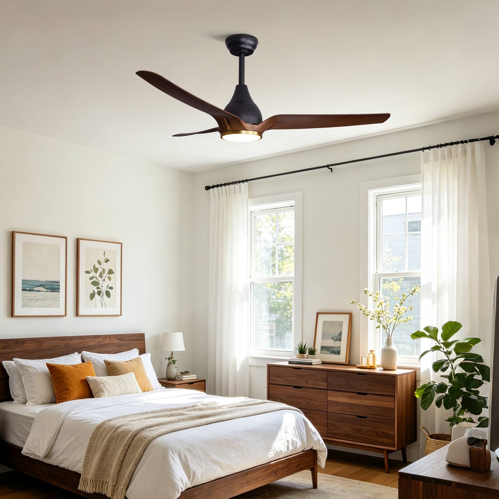 Back. Siljoy - 52 Inch Ceiling Fan with LED Light Black Wood Grain 3 ABS Blades Hanging Ceiling Fan for Bedroom Living Room - Brown.