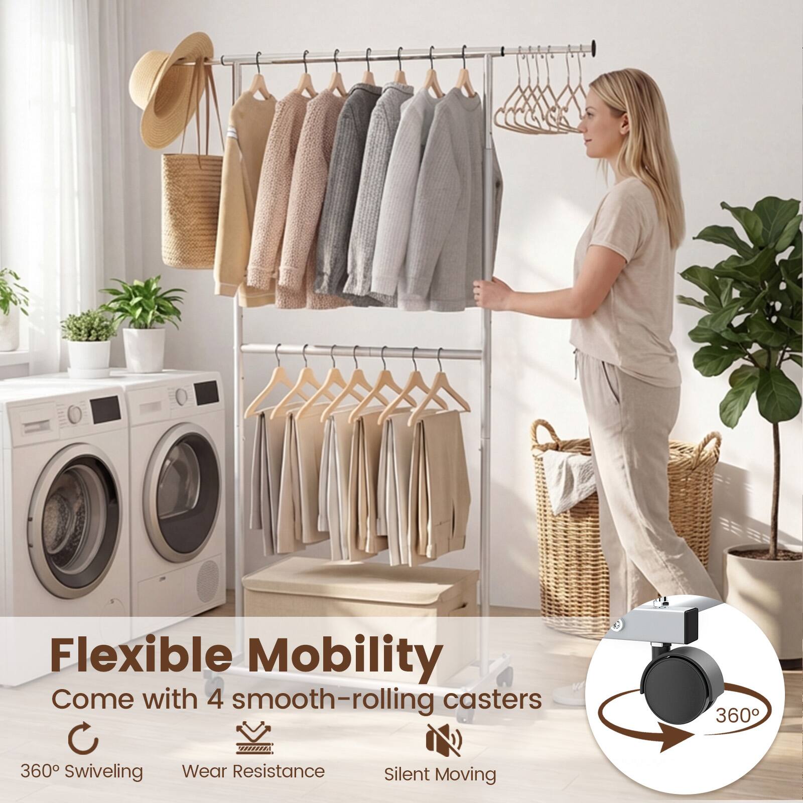 Flexible Mobility  
Come with 4 smooth-rolling casters  
360° Swiveling  
Wear Resistance  
Silent Moving