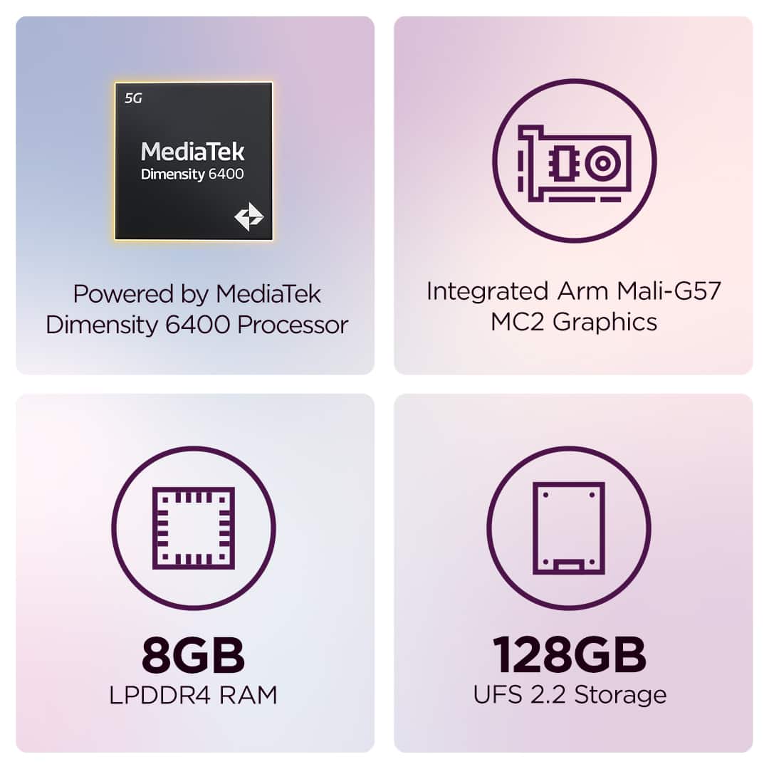 5G
MediaTek Dimensity 6400
Powered by MediaTek Dimensity 6400 Processor
Integrated Arm Mali-G57 MC2 Graphics
8GB LPDDR4 RAM
128GB UFS 2.2 Storage