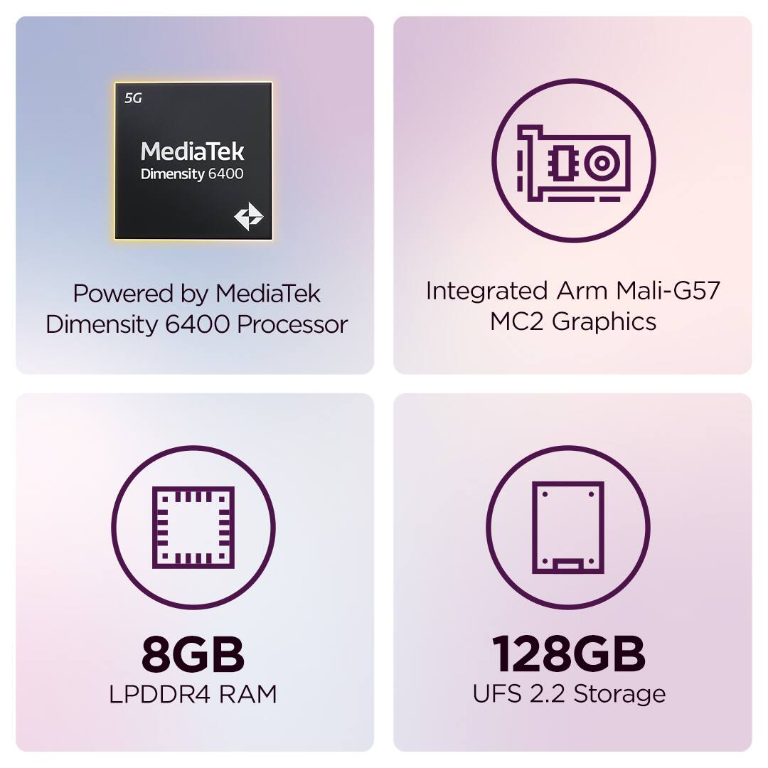 5G  
MediaTek Dimensity 6400  
Powered by MediaTek Dimensity 6400 Processor  
Integrated Arm Mali-G57 MC2 Graphics  
8GB LPDDR4 RAM  
128GB UFS 2.2 Storage