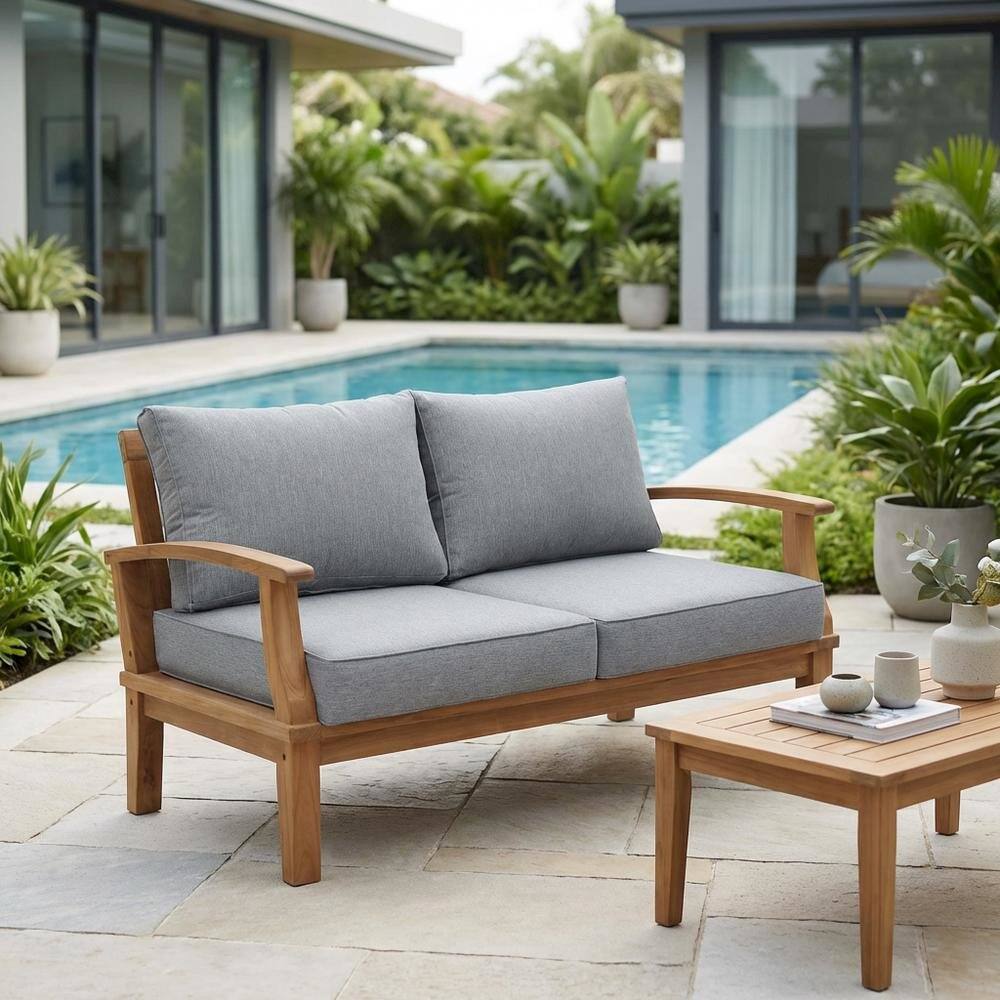 Left. Outdoor Escape - Outdoor Teak Patio Loveseat With Cushioned Seats And Armrests - Gray.