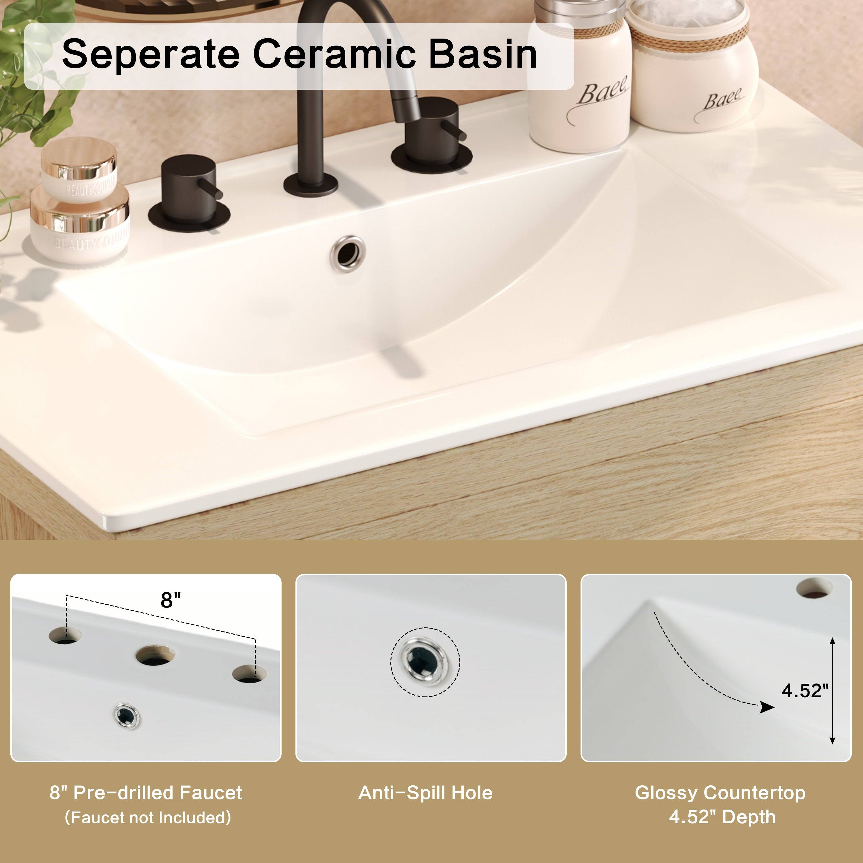 Seperate Ceramic Basin

8" Pre-drilled Faucet (Faucet not Included)

Anti-Spill Hole

Glossy Countertop 4.52" Depth