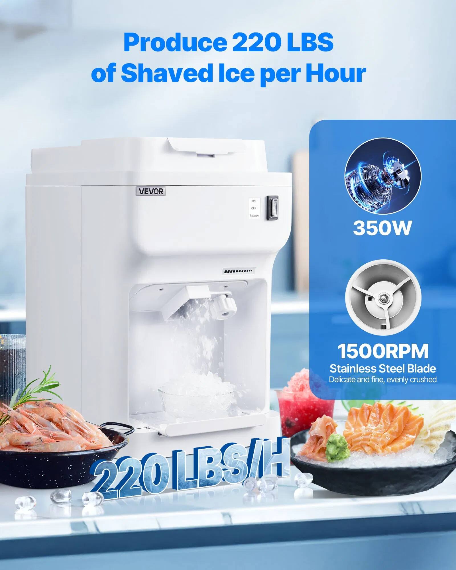 Produce 220 LBS of Shaved Ice per Hour

VEVOR

- 350W
- 1500RPM
- Stainless Steel Blade
- Delicate and fine, evenly crushed

220 LBS/H