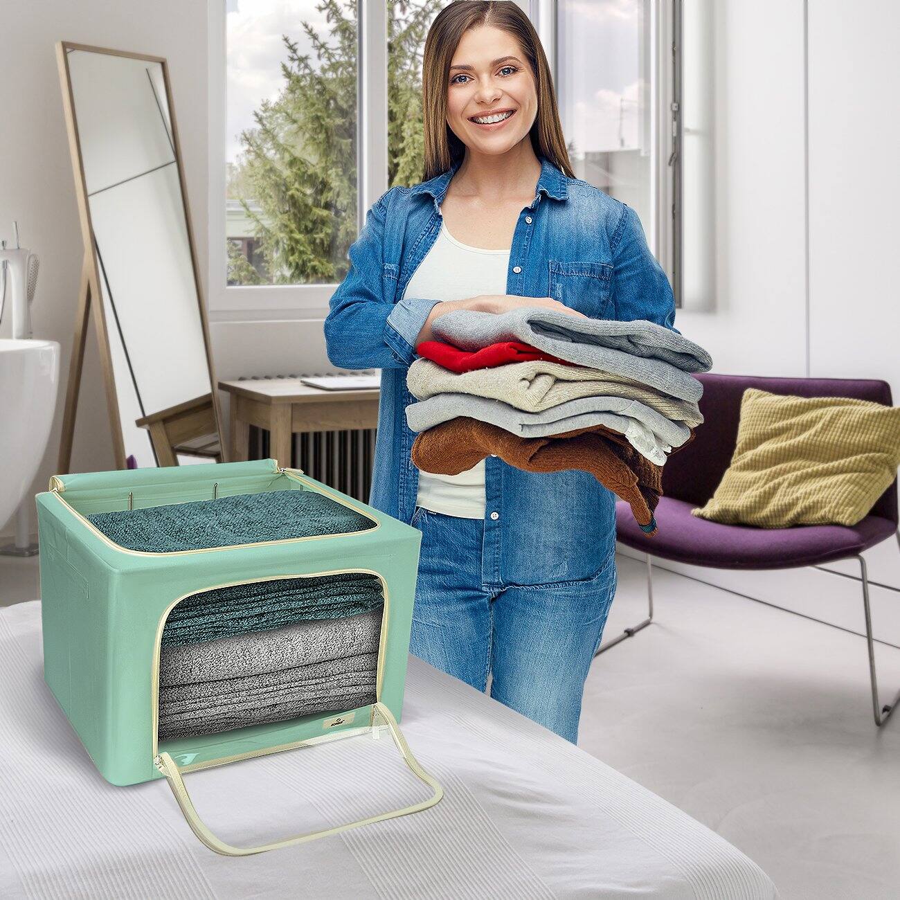 Alt View 4. Sorbus - Sorbus 1 Pack Storage Bins with Metal Frame, Foldable Clothes Organizer Bags, Fabric Containers with Window & Handle - Teal.