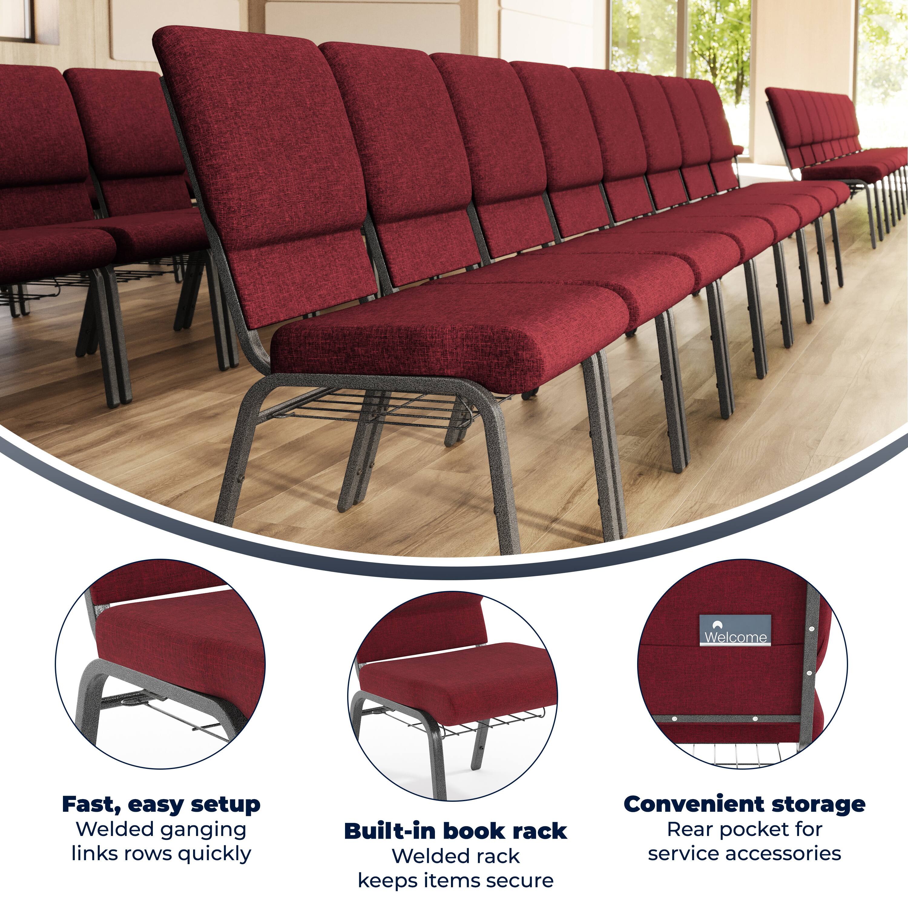 Welcome

Fast, easy setup
Welded ganging links rows quickly

Built-in book rack
Welded rack keeps items secure

Convenient storage
Rear pocket for service accessories