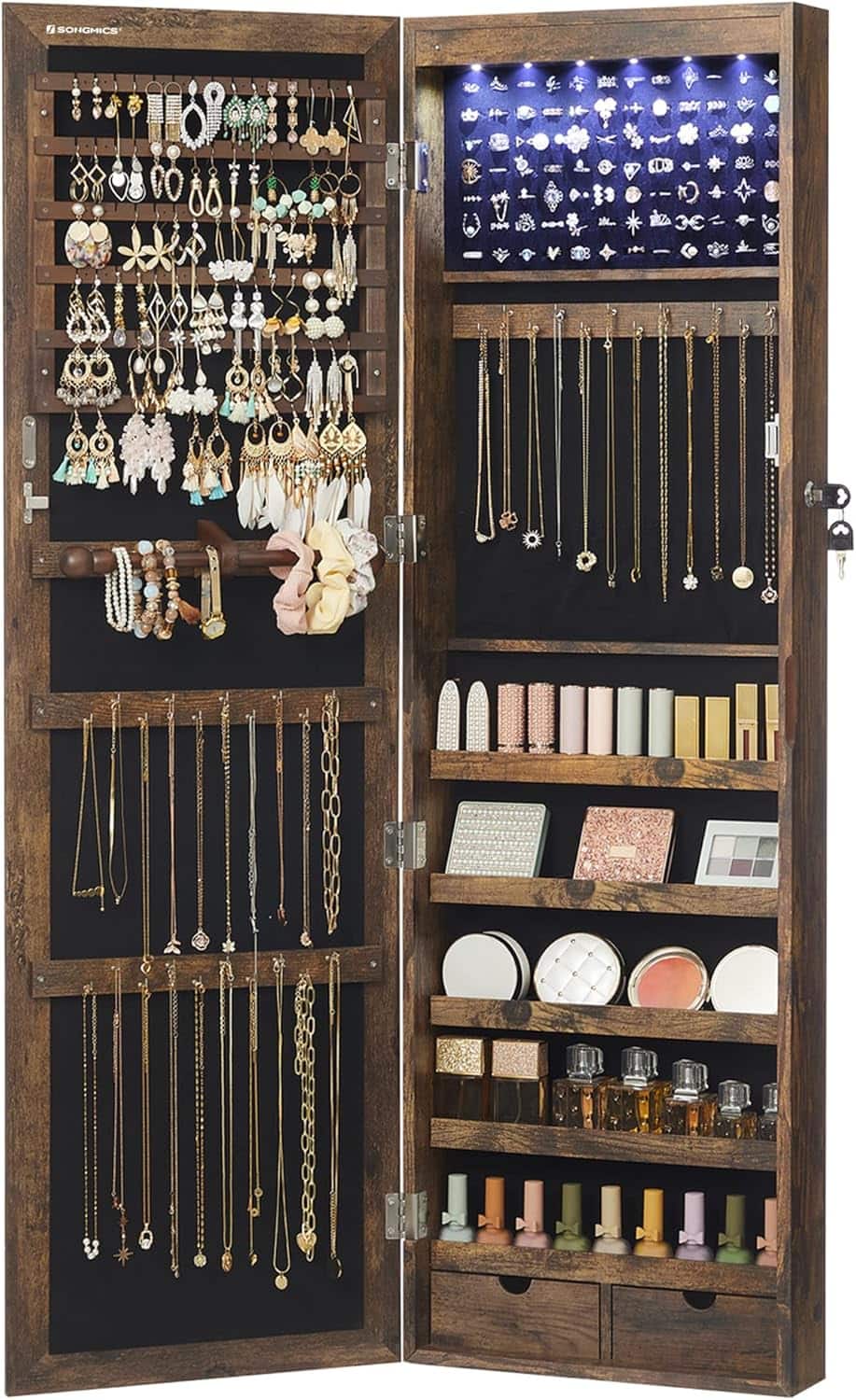 Songmics Home - SONGMICS 6 LEDs Mirror Jewelry Cabinet, Lockable Wall or Door Mounted Organizer with Mirror, Brown - Rustic Brown price history on PriceWatchPro