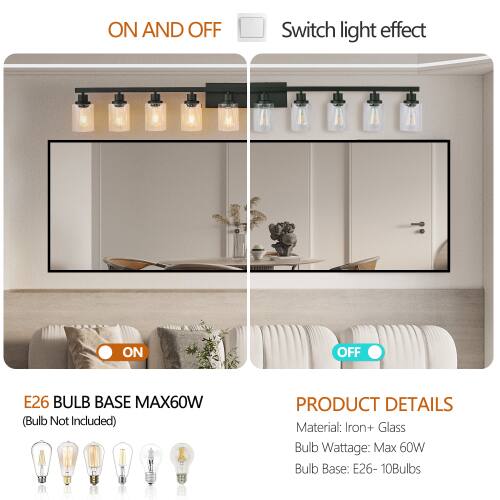 ON AND OFF  
Switch light effect  
E26 BULB BASE MAX60W (Bulb Not Included)  

PRODUCT DETAILS  
Material: Iron + Glass  
Bulb Wattage: Max 60W  
Bulb Base: E26 - 10Bulbs