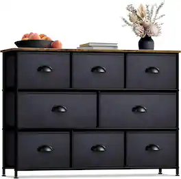 Sorbus - 8 Drawers Wide Dresser - Organizer Unit with Steel Frame, Wood Top, and Handle, and Fabric Bins - Black/wood top