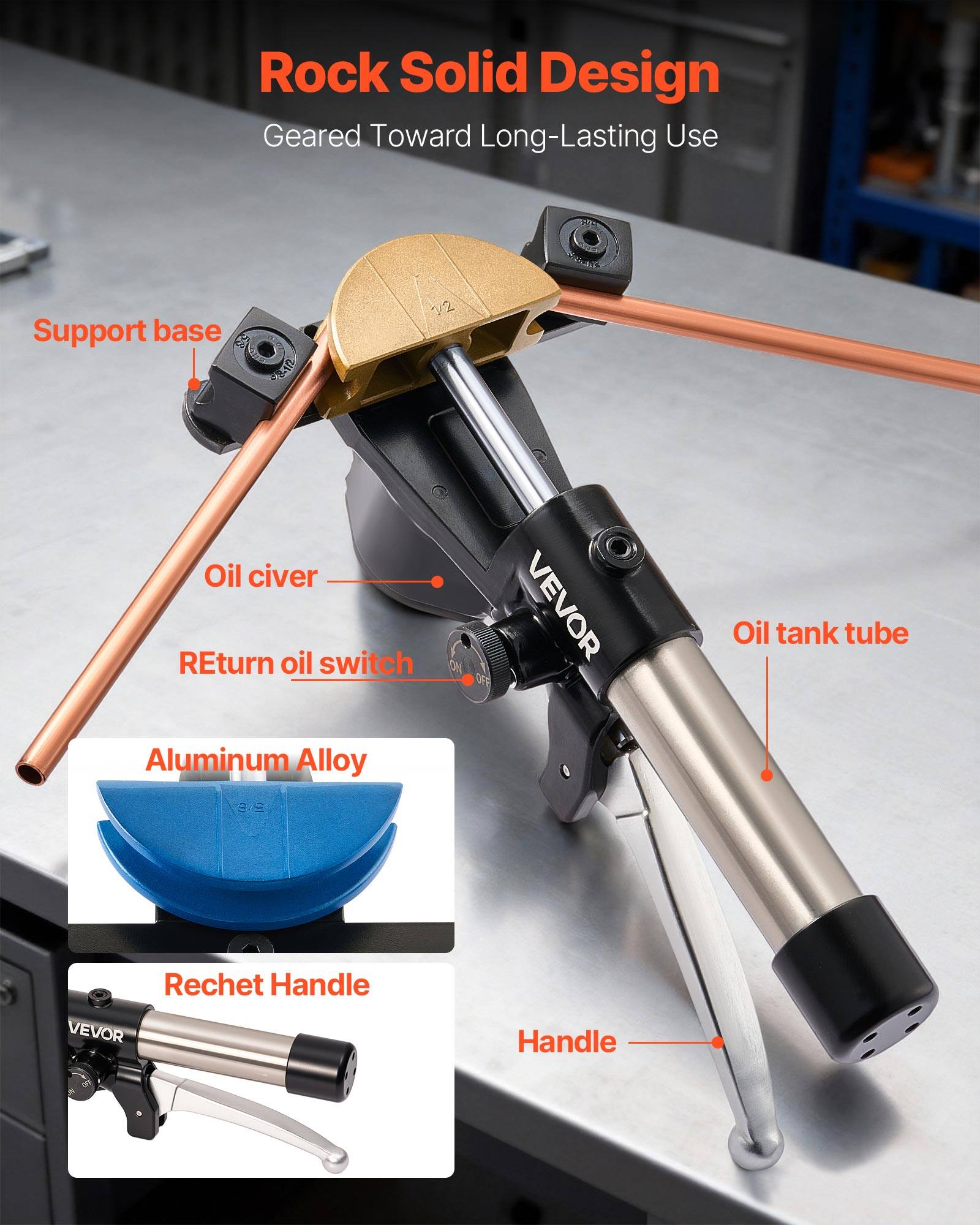 Rock Solid Design  
Geared Toward Long-Lasting Use  

- Support base  
- Oil civer  
- Return oil switch  
- Oil tank tube  
- Aluminum Alloy  
- Rechet Handle  
- Handle