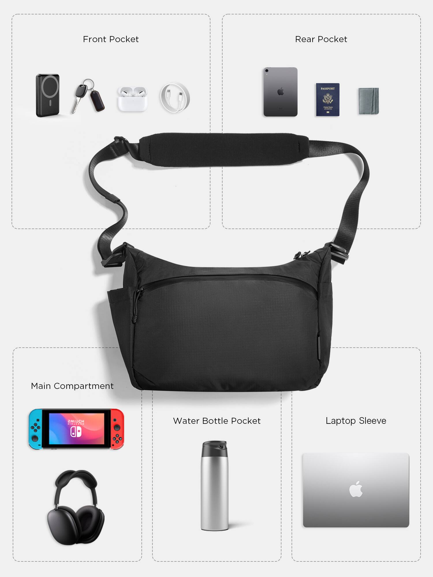 Front Pocket  
Rear Pocket  
Main Compartment  
Water Bottle Pocket  
Laptop Sleeve