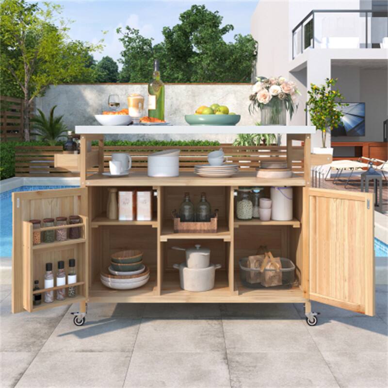 Angle. HTUTWOO - Outdoor Kitchen Island Rolling Bar Cart -Wood Grill Table with Stainless Steel Top,Storage Cabinet,Spice Rack,Towel Rack - Natural.
