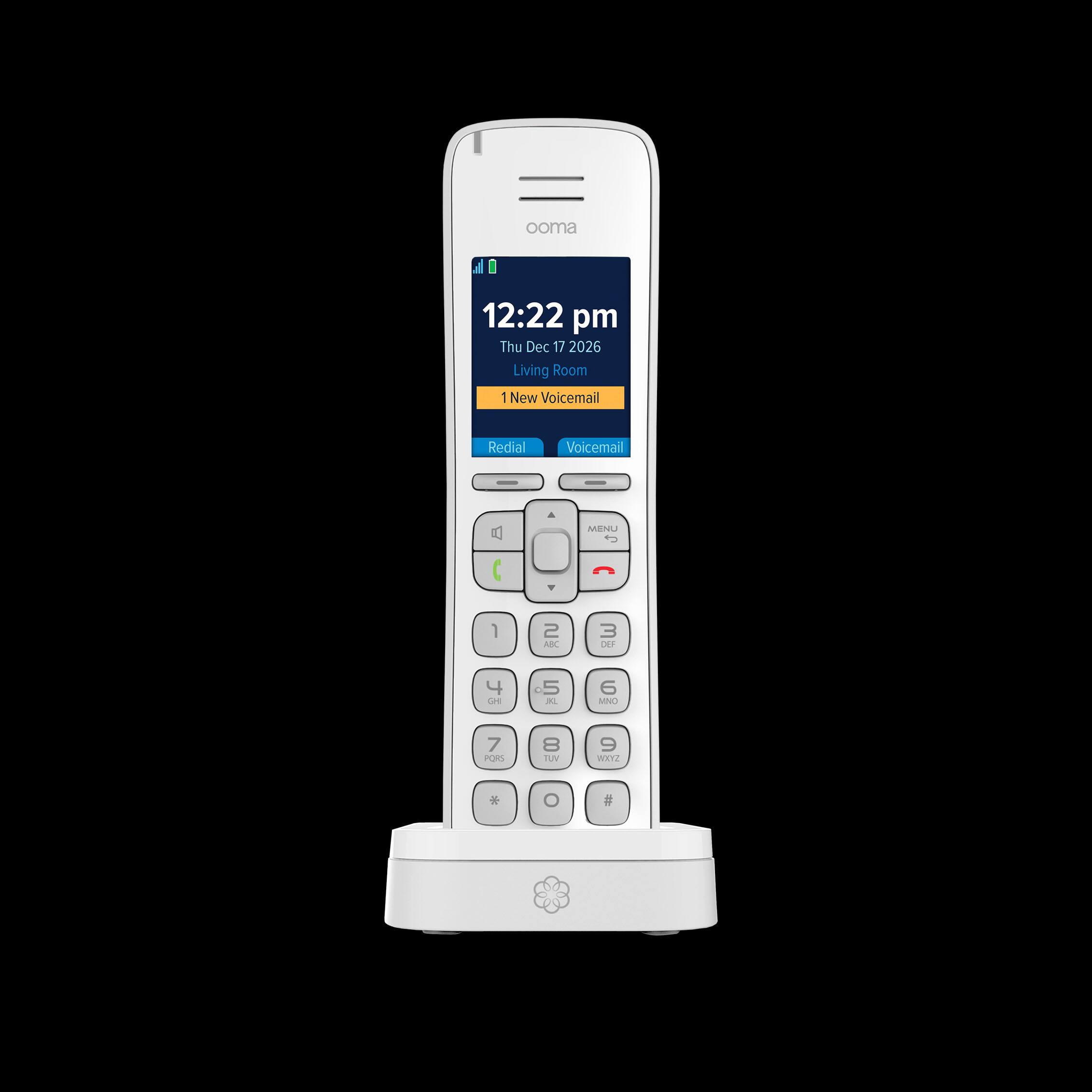 ooma

12:22 pm Thu Dec 17 2026 Living Room 1 New Voicemail

Redial
Voicemail
MENU

1 2 ABC
3 DEF
4 GHI
0 5 JKL
6 MNO
7 PQRS
8 TUV
9 WXYZ
*